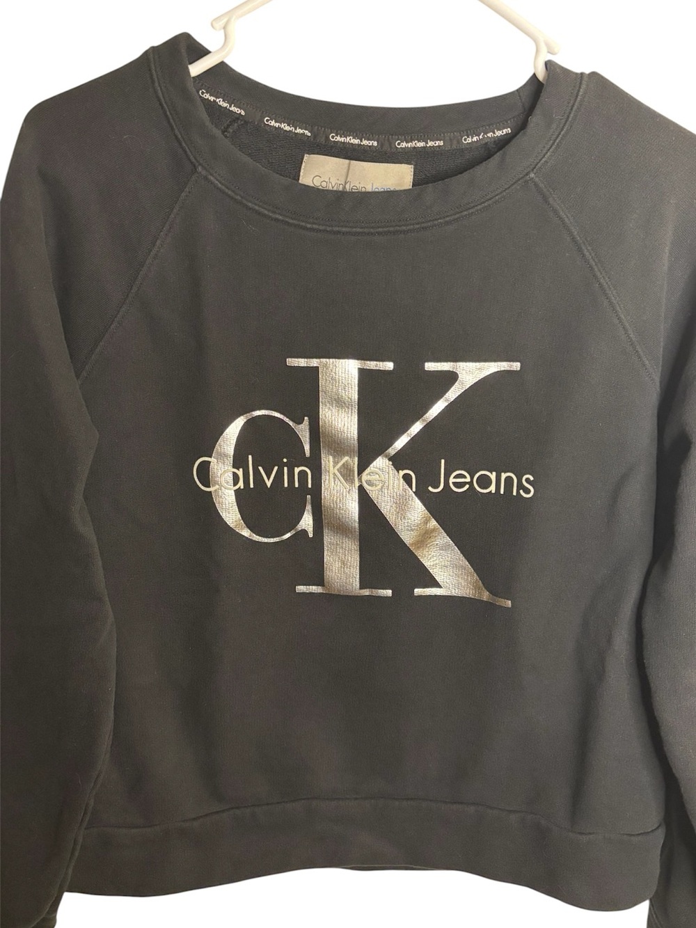 Calvin Klein Jeans Cropped Black Sweatshirt with Silver CK Logo
